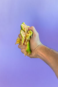 Cropped image of hand holding leaf against blue background