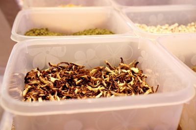 High angle view of rice in container