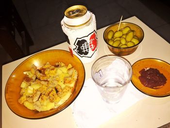 High angle view of fruits in glass on table