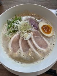 High angle view of soup in bowl on table