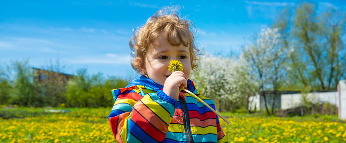 Portrait of cute girl blowing dandelion