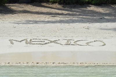 Text on sand at sea shore