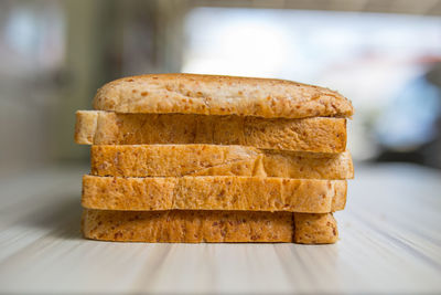 Close-up of stack on table