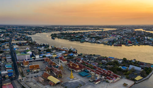 Aerial view of mahachai town in samuth sakorn outskirt bangkok thailand