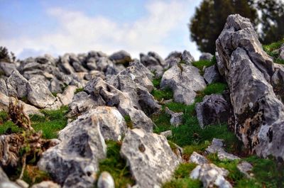 Close-up of rocks on rock against sky