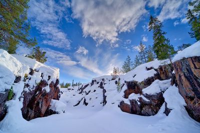 Snow covered rocks against sky