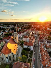 High angle view of townscape against sky during sunset