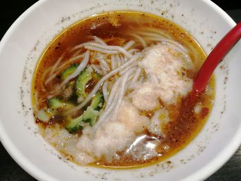 High angle view of soup in bowl on table