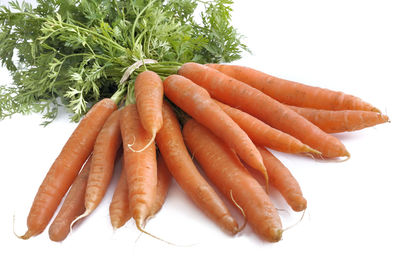 High angle view of carrots on white background