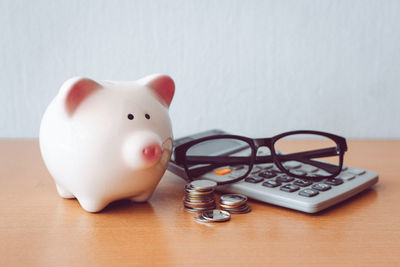 High angle view of coins on table