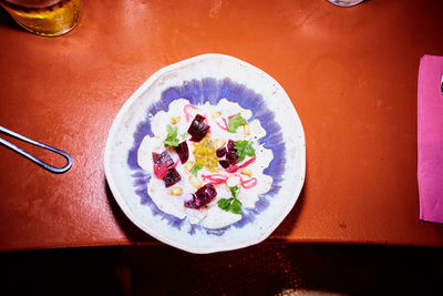 High angle view of dessert served on table