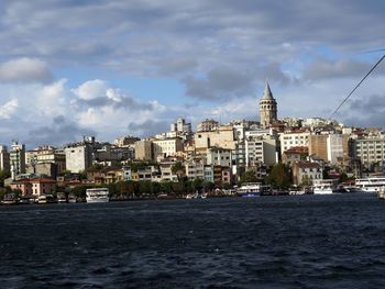 View of cityscape against cloudy sky