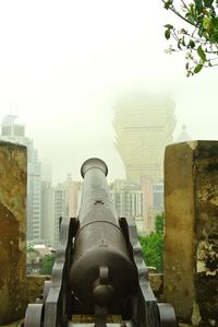 Close-up of cityscape against clear sky