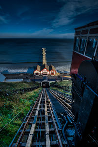 Railroad tracks by sea against sky