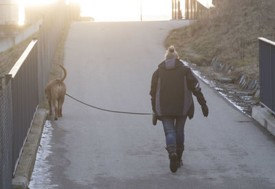 Rear view of person walking on street in city