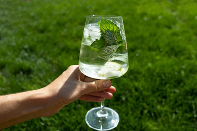 Close-up of hand holding water with lime and mint. summer drink