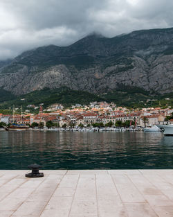 Scenic view of lake by buildings against sky