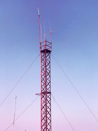 Low angle view of crane against clear blue sky