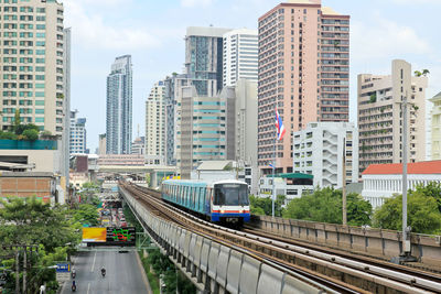 Railroad tracks amidst buildings in city against sky