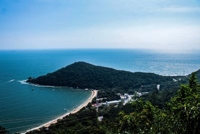 High angle view of bay against sky