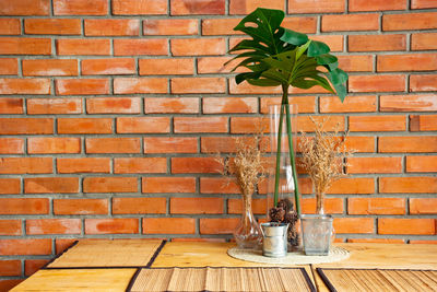 Close-up of potted plant on table against brick wall