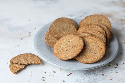 High angle view of cookies in plate on table