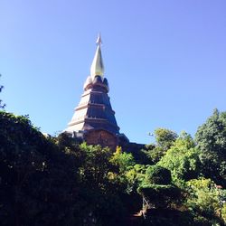 Low angle view of temple against clear blue sky