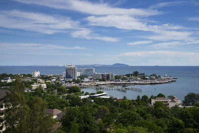 Top view of bangsaen beach at chonburi province from khao sam muk, thailand