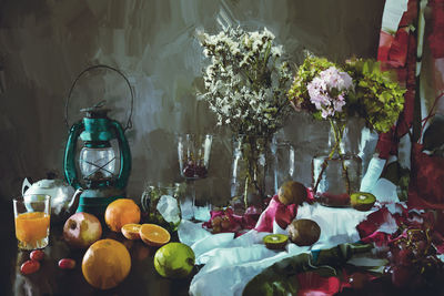 Various fruits in vase on table