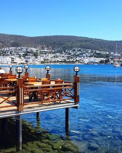 Scenic view of sea against clear blue sky