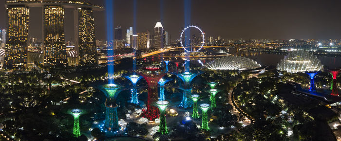 Aerial view of illuminated city at night