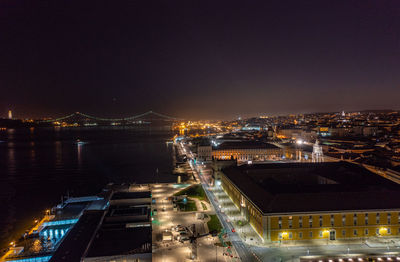 High angle view of illuminated buildings in city at night