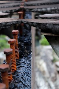 Close-up of rusty metal railing