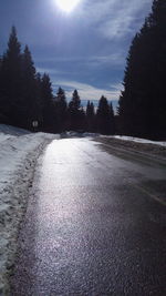 Road amidst trees against sky during winter