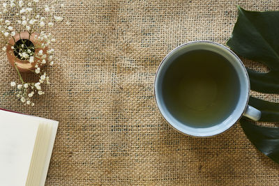 High angle view of coffee cup on table