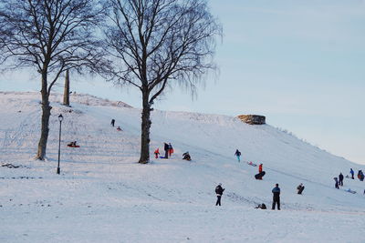 People on snow covered field against sky during winter