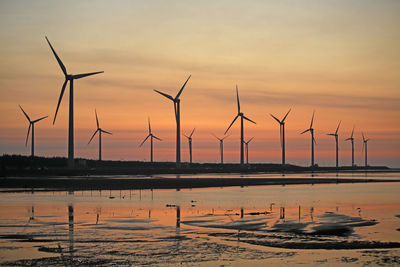 Wind turbines on land against sky during sunset