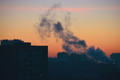 Smoke emitting from chimney against sky during sunset