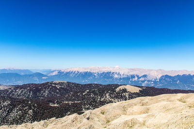 Scenic view of mountains against clear blue sky