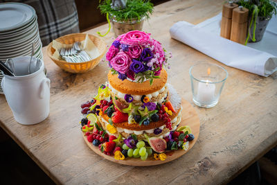 High angle view of tea served on table