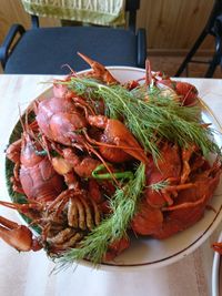 High angle view of seafood in plate on table