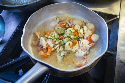 High angle view of food in cooking pan