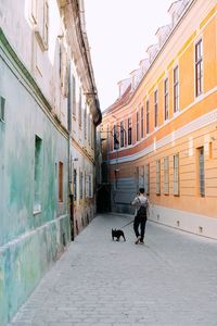 Rear view full length of man walking with dog amidst buildings at alley in city