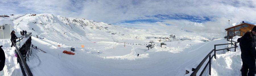 Panoramic view of snow covered landscape against sky