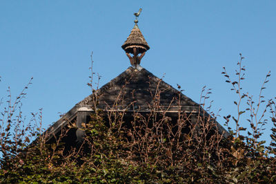 Low angle view of birds on building against sky