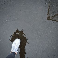 Low section of man standing on puddle