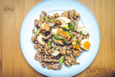High angle view of food served on table