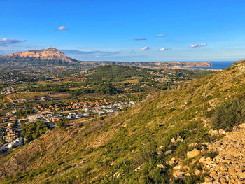 Aerial view of landscape and buildings against sky