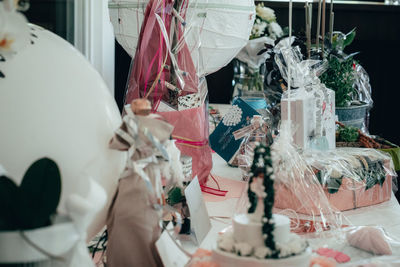 Close-up of christmas decorations on table at home