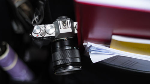 Close-up of camera on table